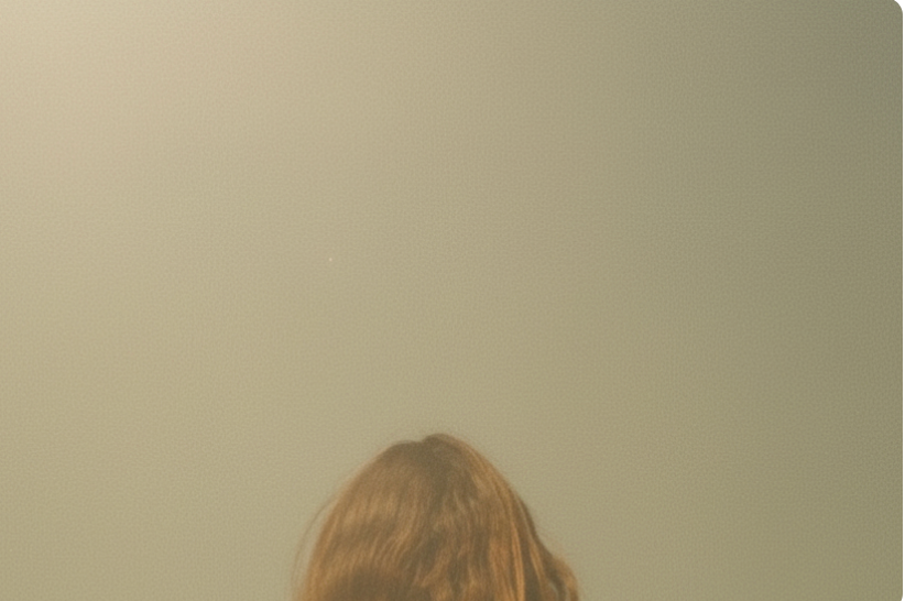 Back of a person with sun-bleached hair standing in a hazy, overexposed outdoor landscape, evoking the heat and atmosphere of festival season