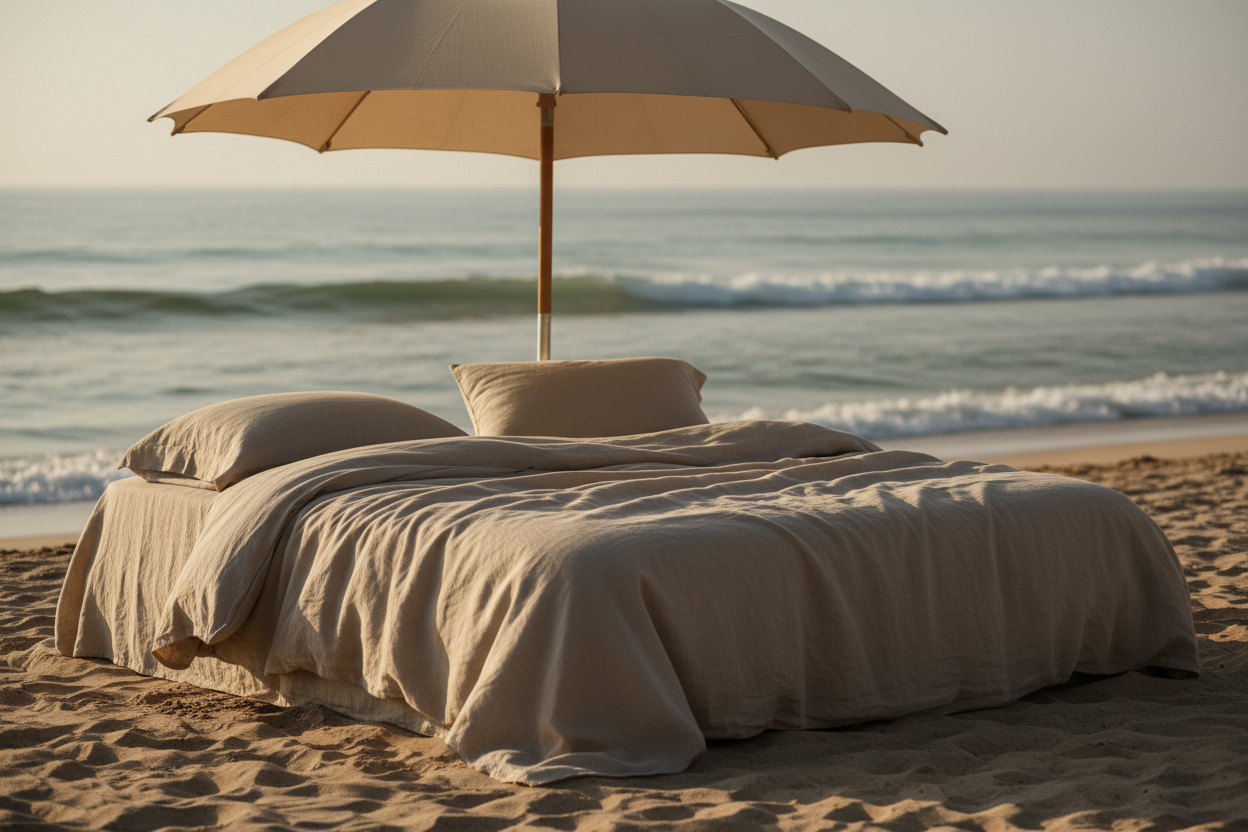 Surrealist editorial of a rumpled linen bed on a sandy beach under a beach umbrella, ocean softly blurred in the background