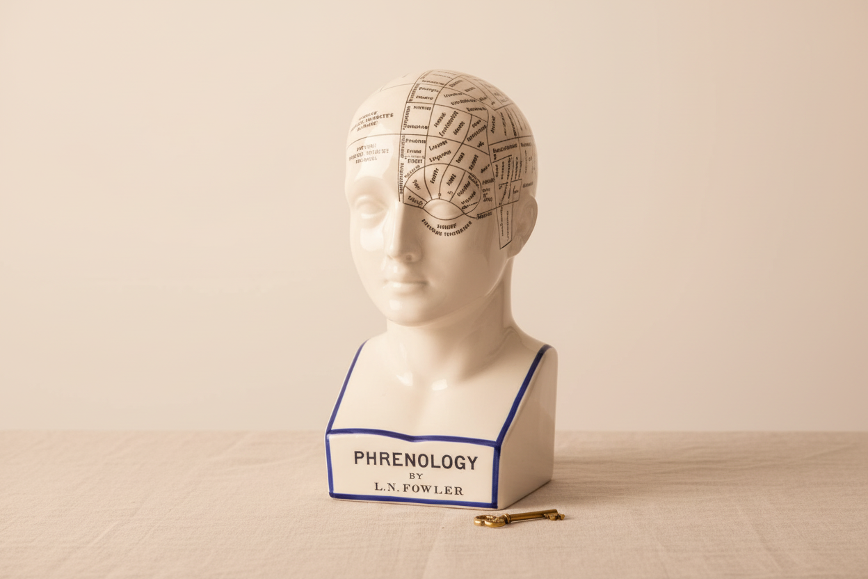 Vintage ceramic phrenology bust with soft dramatic lighting against a warm neutral background