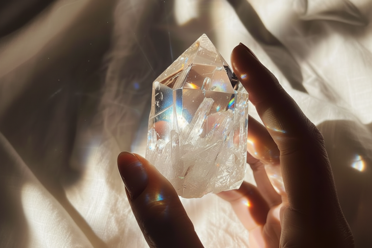 Hand holding a clear quartz crystal point with rainbow light refracting through the facets on white linen