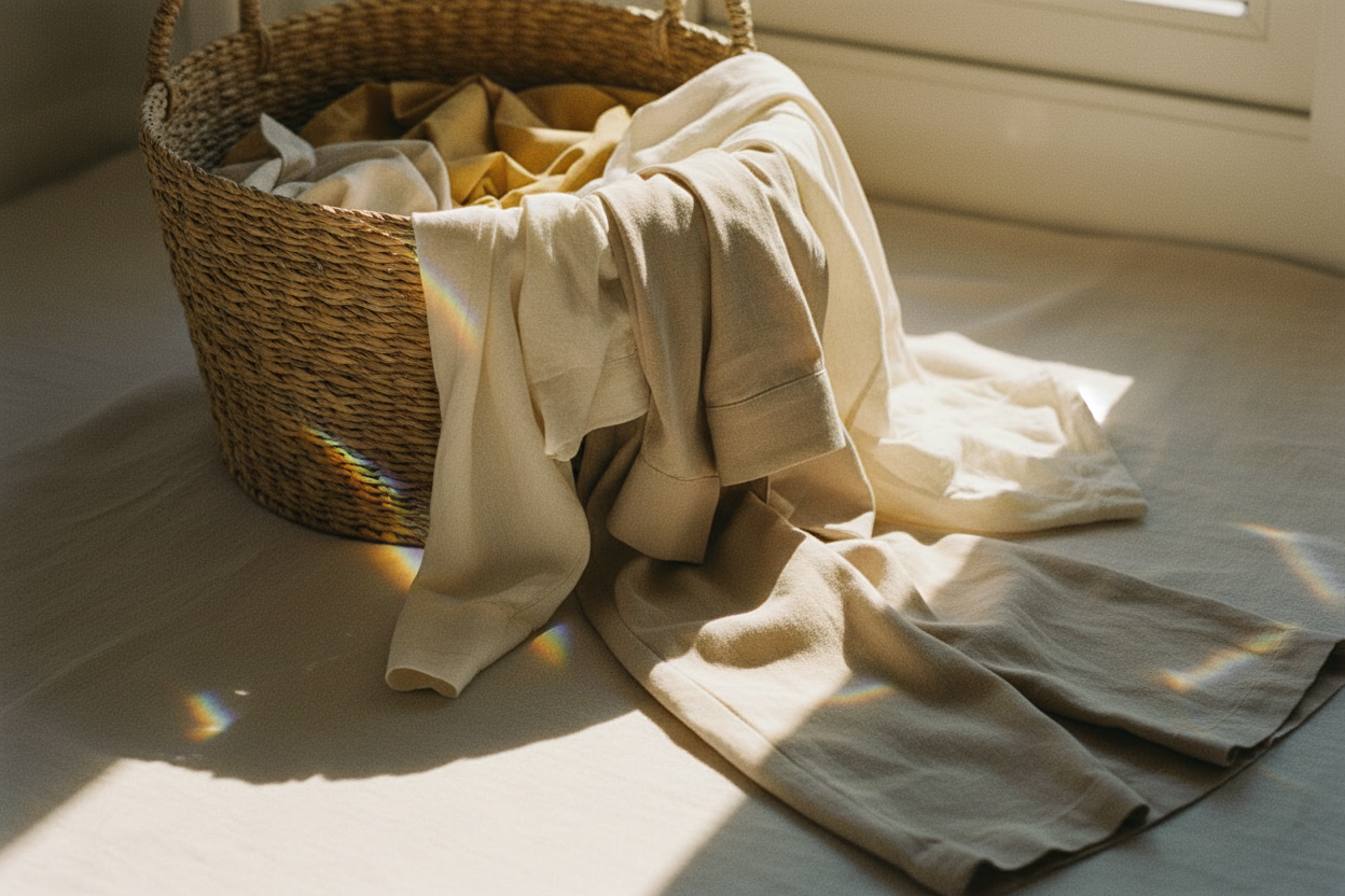 Editorial close-up of a woven laundry basket with soft linen clothes scattered around it on a pale floor, warm prismatic morning light