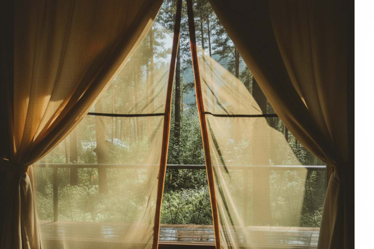 View through sheer linen curtains billowing in a window with lush green trees beyond, evoking the feeling of bringing the outdoors inside