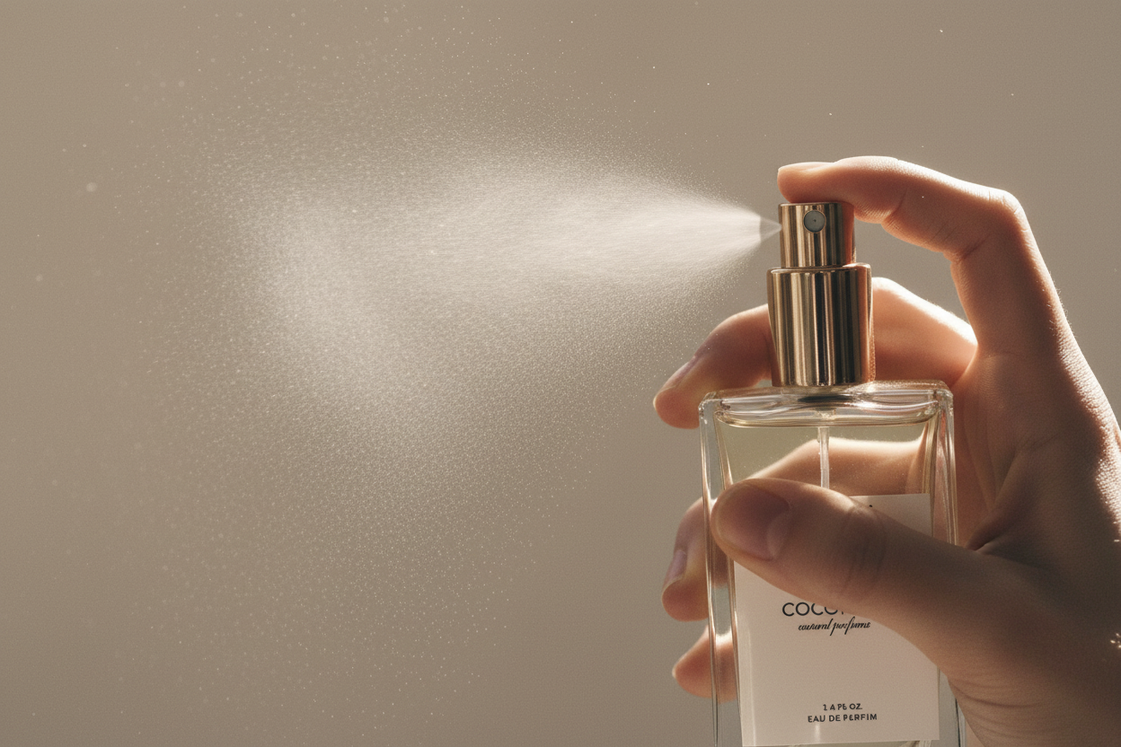 Close-up editorial shot of a hand spritzing a Coconuts Eau de Parfum bottle, mist dispersing into the air, muted neutral tones