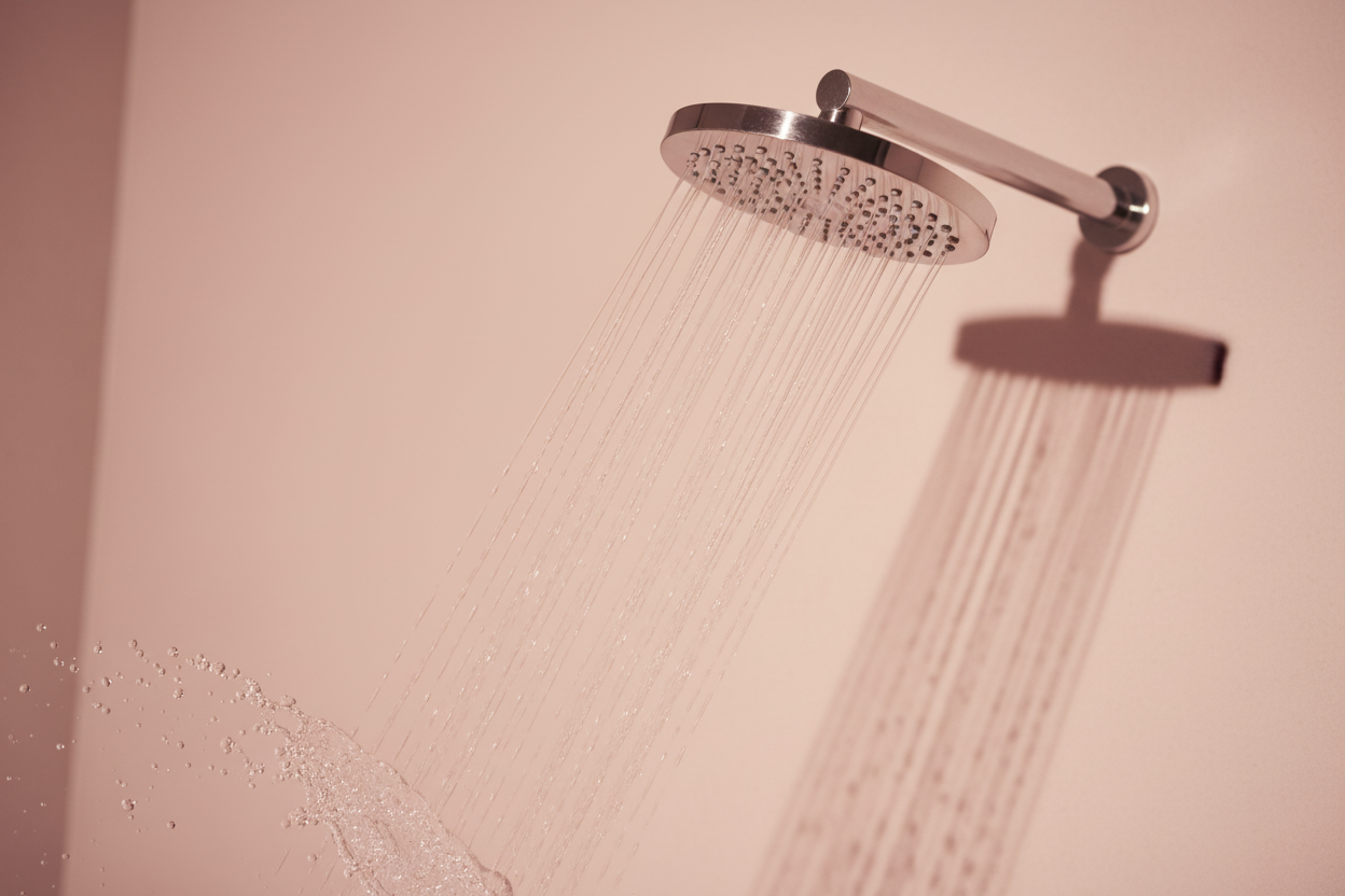 Close-up of a shower head shadow on a soft blush pink wall with water streams catching warm light