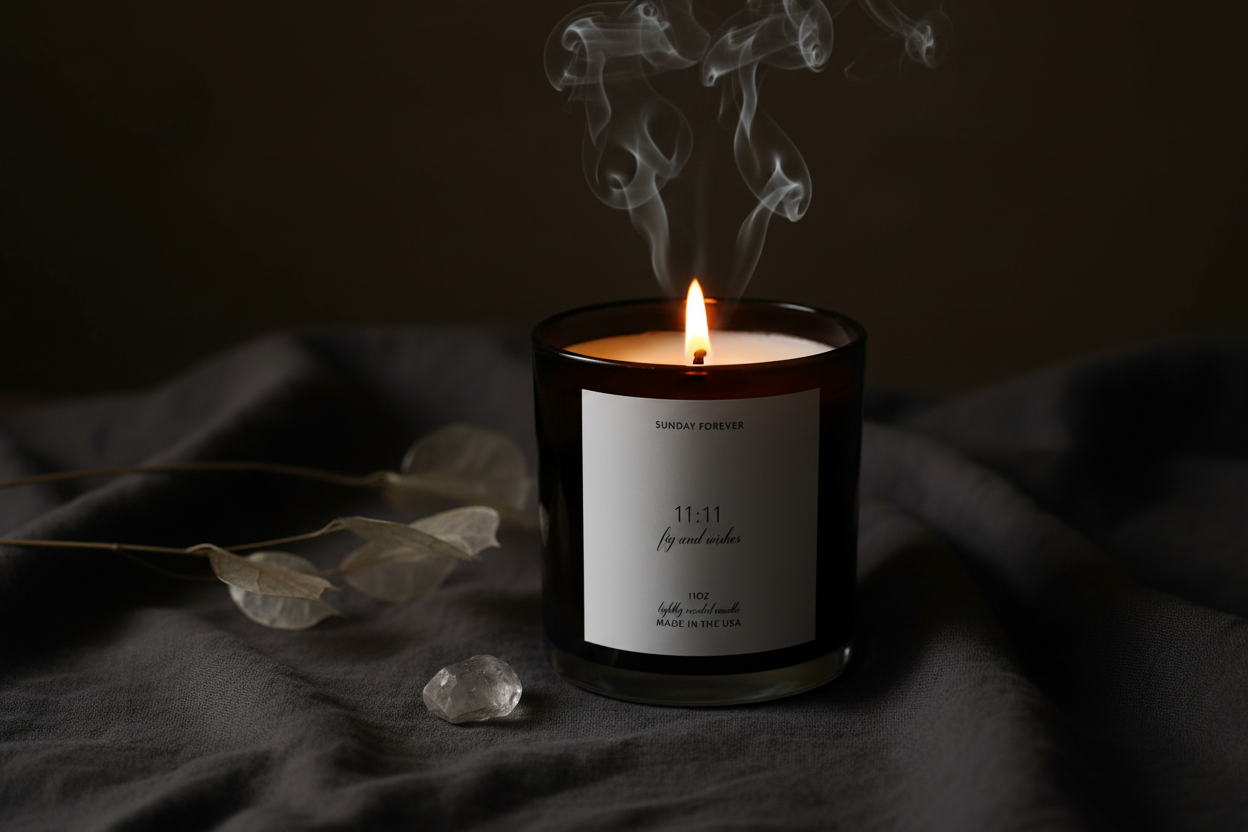 11:11 luxury candle burning with soft amber candlelight and wisps of smoke on a dark linen surface