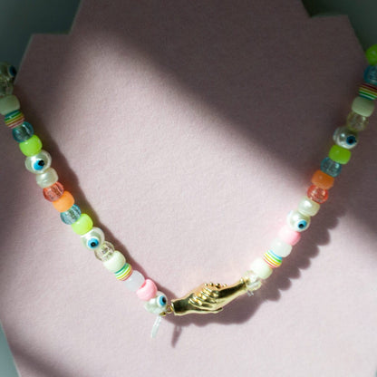 Bright Eyes Beaded Clasped Hands Choker Necklace & Bracelet - Necklaces-Sunday Forever