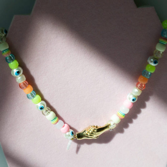 Bright Eyes Beaded Clasped Hands Choker Necklace & Bracelet - Necklaces-Sunday Forever