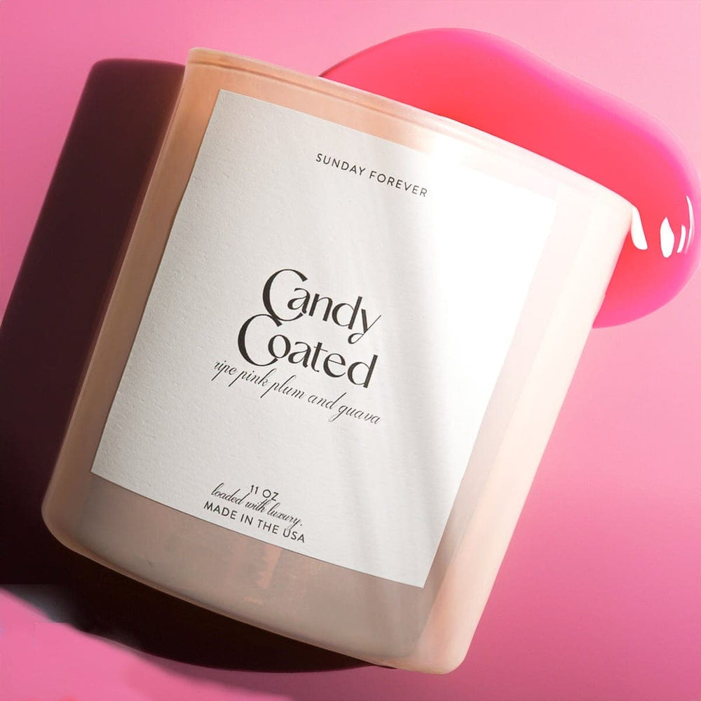 
                  
                    Candy Coated Luxury Candle with Ripe Pink Plum and Guava - Sunday Forever
                  
                
