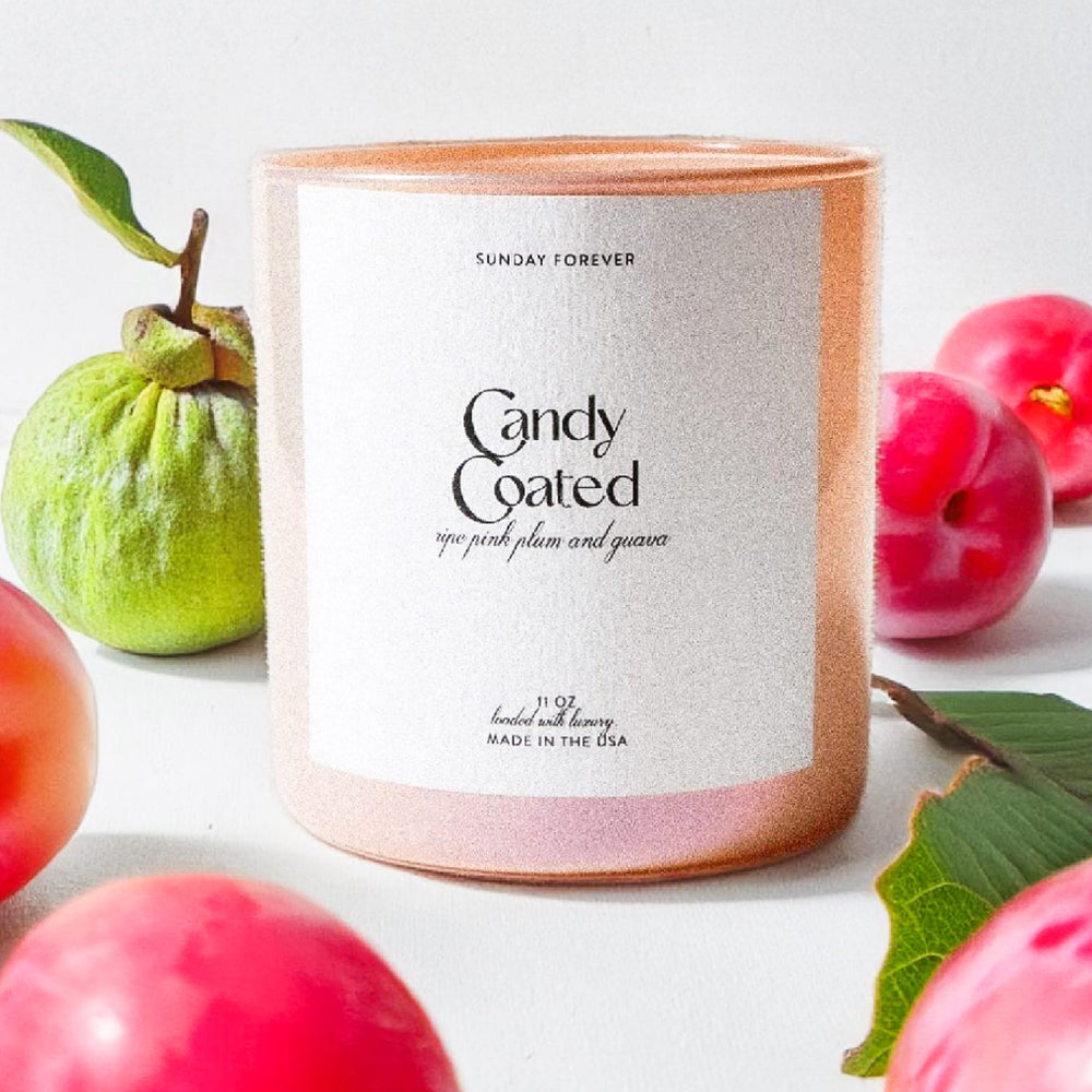Candy Coated Luxury Candle with Ripe Pink Plum and Guava - Sunday Forever