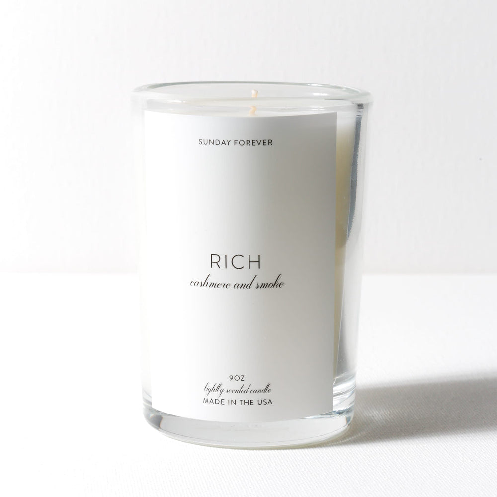 
                  
                    Rich Luxury Candle with Cashmere and Smoke - Sunday Forever
                  
                