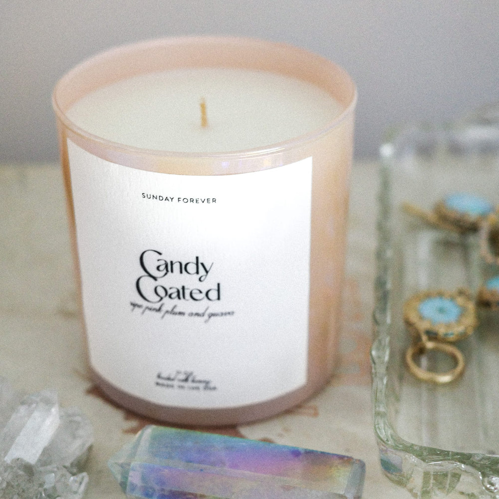 
                  
                    Candy Coated Luxury Candle with Ripe Pink Plum and Guava - Sunday Forever
                  
                