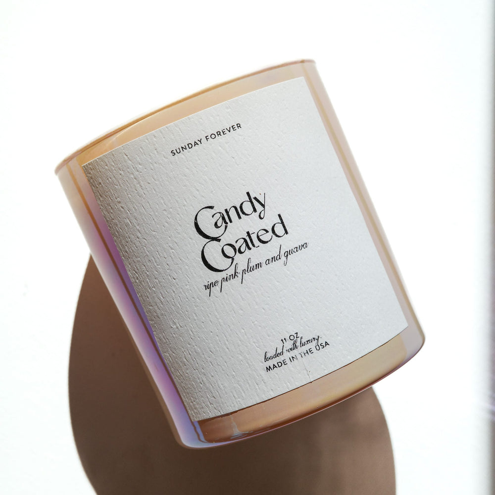 
                  
                    Candy Coated Luxury Candle with Ripe Pink Plum and Guava - Sunday Forever
                  
                