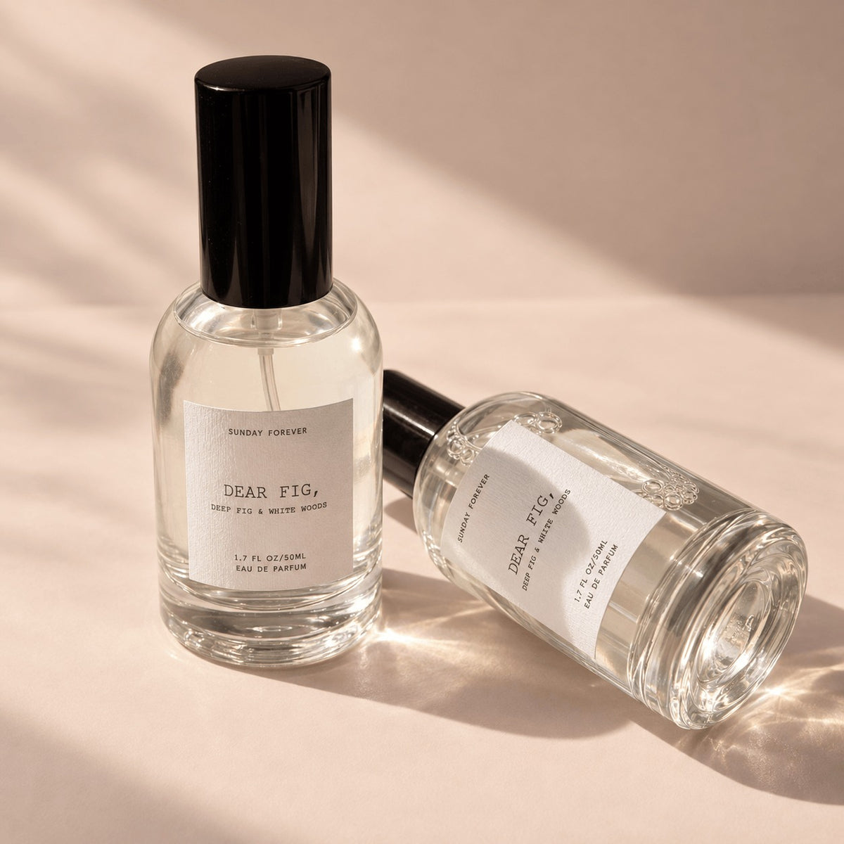 Two Dear Fig, Eau de Parfum bottles with typewriter labels by Sunday Forever