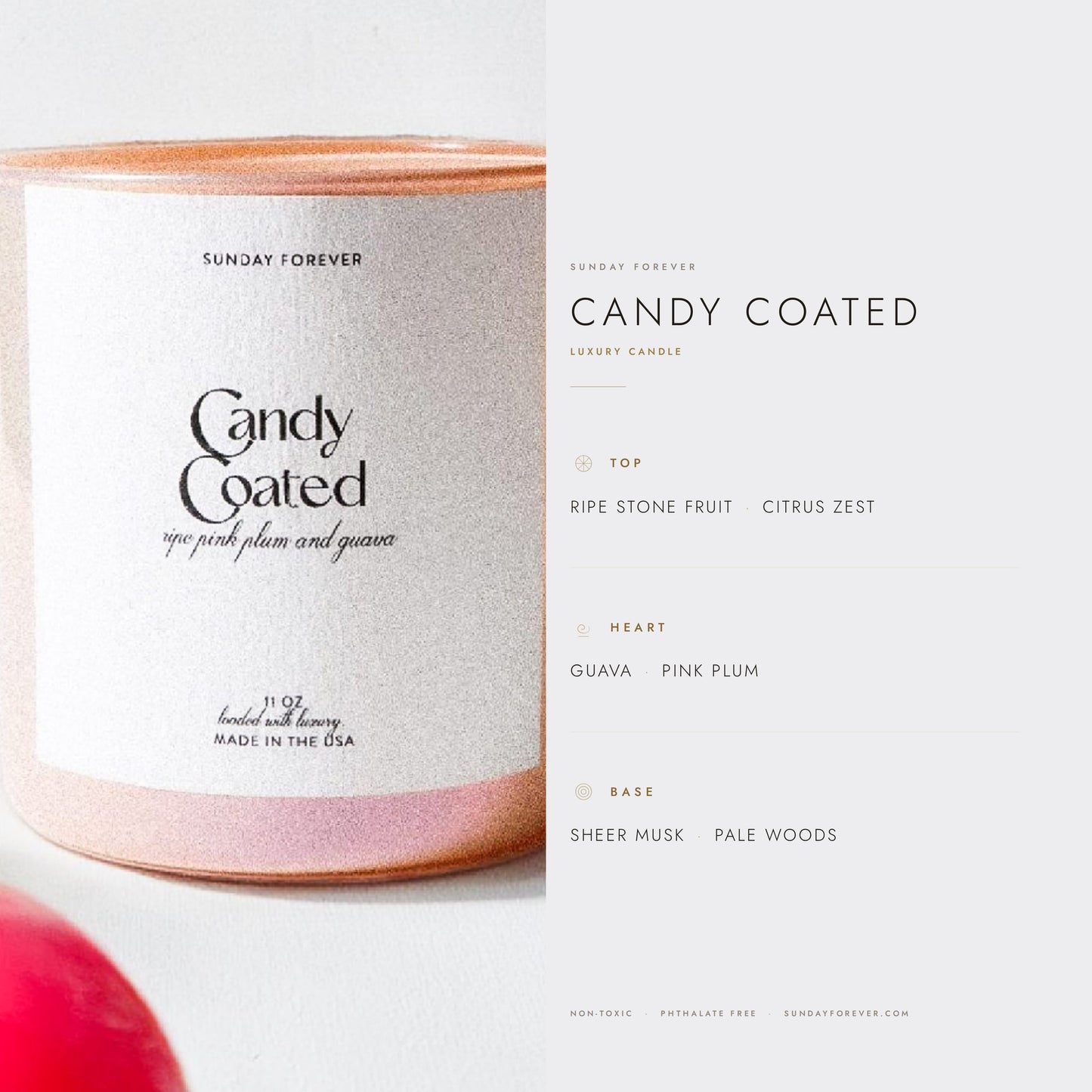 Candy Coated candle scent notes chart: ripe stone fruit, citrus zest, guava, pink plum and pale woods by Sunday Forever