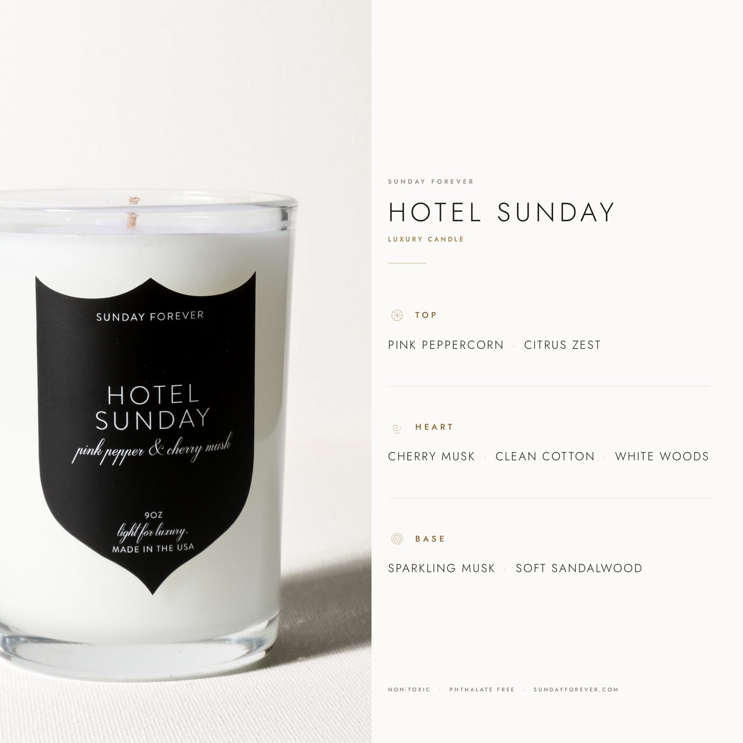 Hotel Sunday candle scent notes chart: pink peppercorn, citrus zest, cherry musk, clean cotton and sandalwood by Sunday Forever