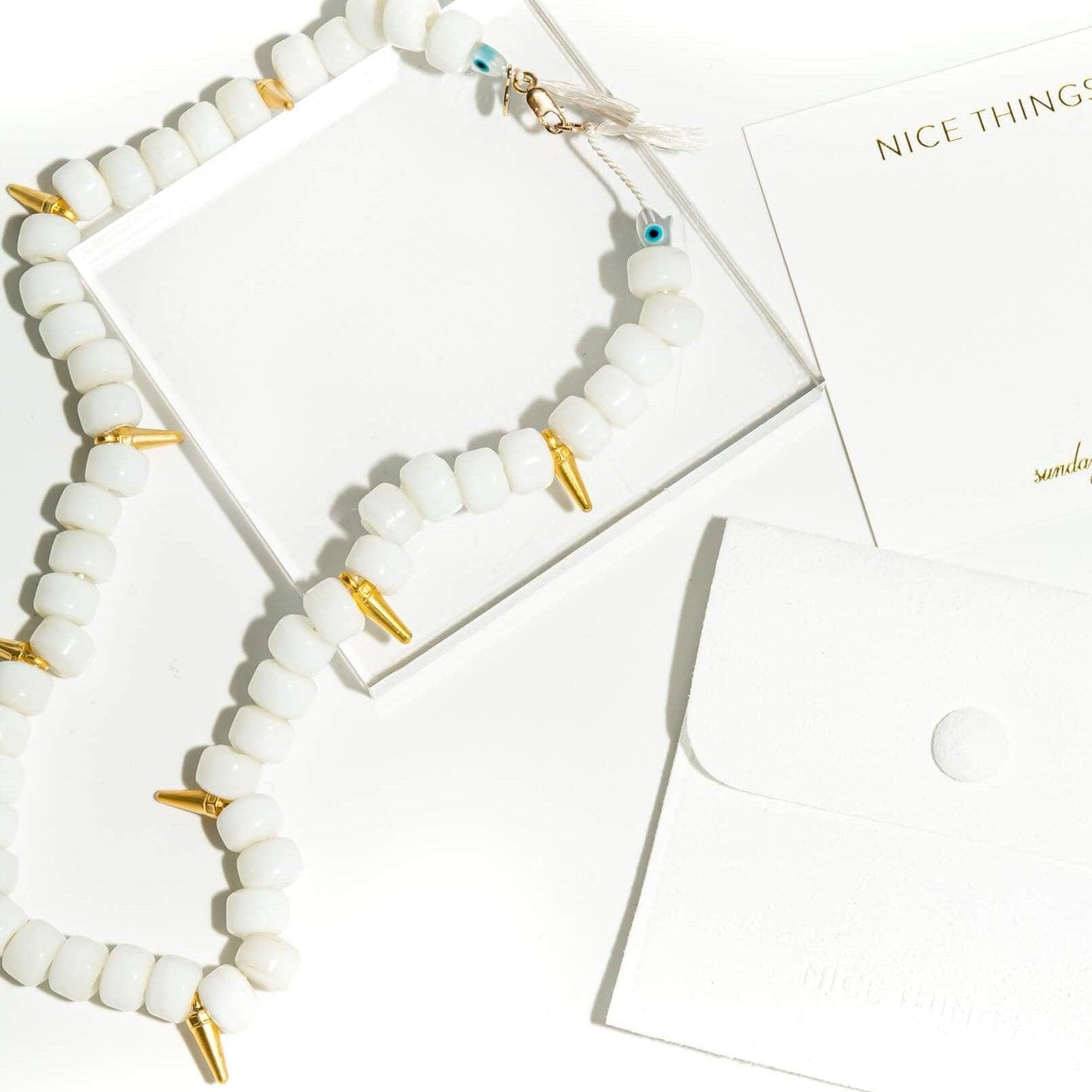 New! Do Not Touch White Glass Beaded Choker - Necklaces-Sunday Forever